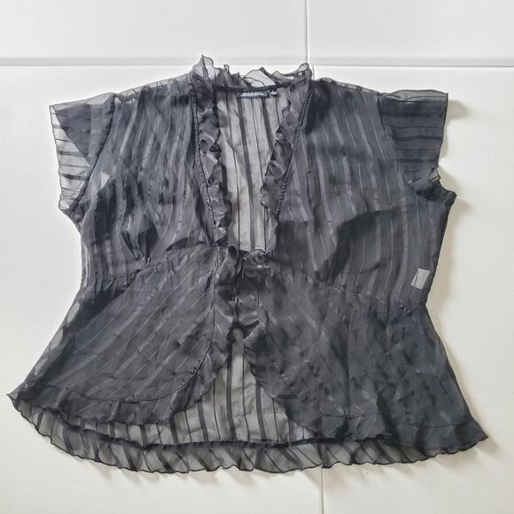 Whimsigoth Goth Blouse Women Large Black Sheer Stripe Short Sleeve Ruffle Tie - Picture 1 of 10
